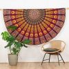 Round mandala tapestry peacock feather red green yellow - ca. 185 cm